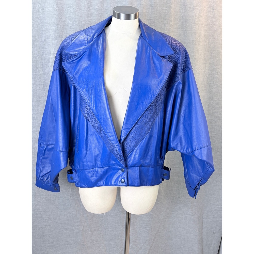 Comint Cobalt Blue Leather Jacket Cropped Batwing Embossed‎ Argentina L